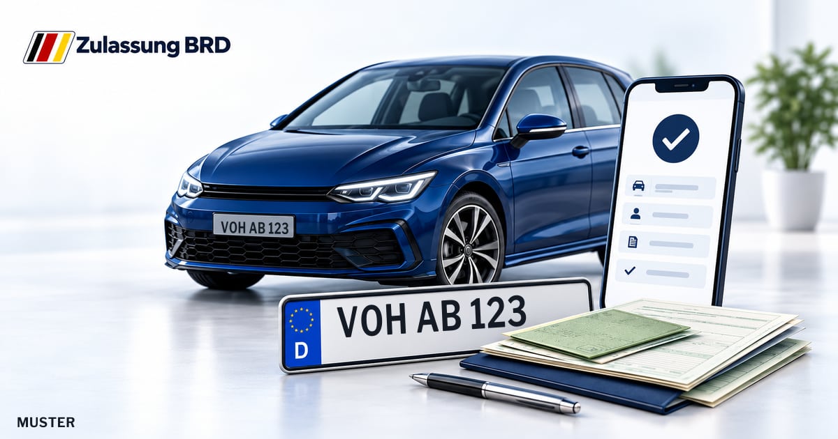 Online Fahrzeugzulassung in Vohenstrauß: Musterkennzeichen VOH AB 123, Auto und Fahrzeugpapiere und Smartphone. Illustration mit Logo von Zulassung BRD.